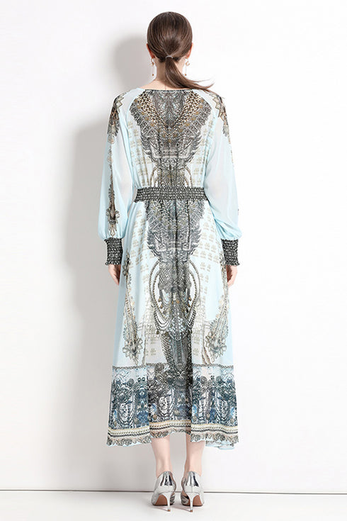 Vintage Fashion French Style V-Neck, Lantern Long Sleeve, Elegant Printed, Elastic Waist Party, Cocktail, Wedding Guest Women's Dress